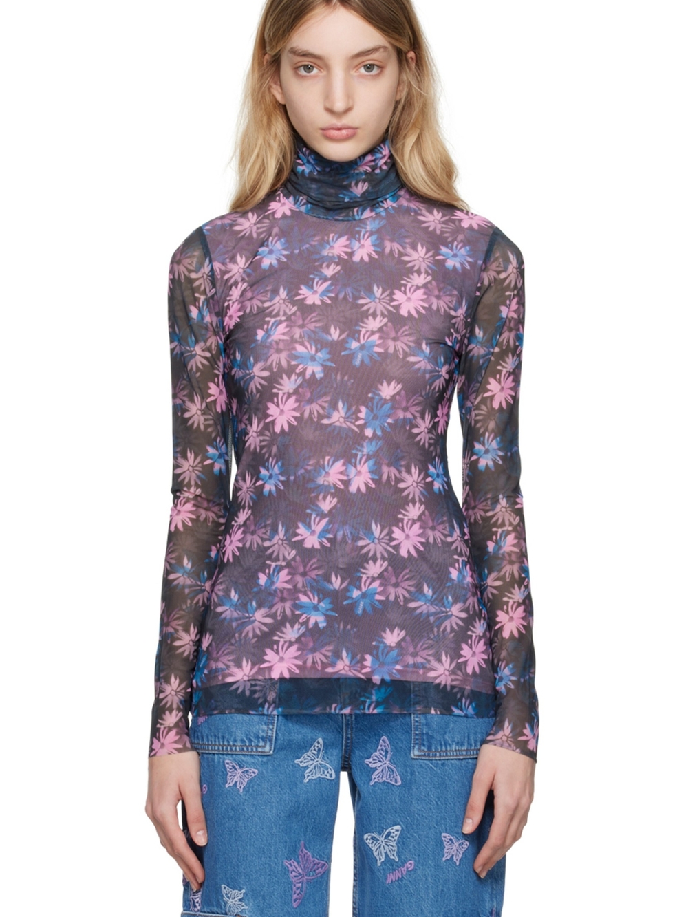 Ganni Sheer Floral Turtleneck Long Sleeve Top - NWT Sz 42